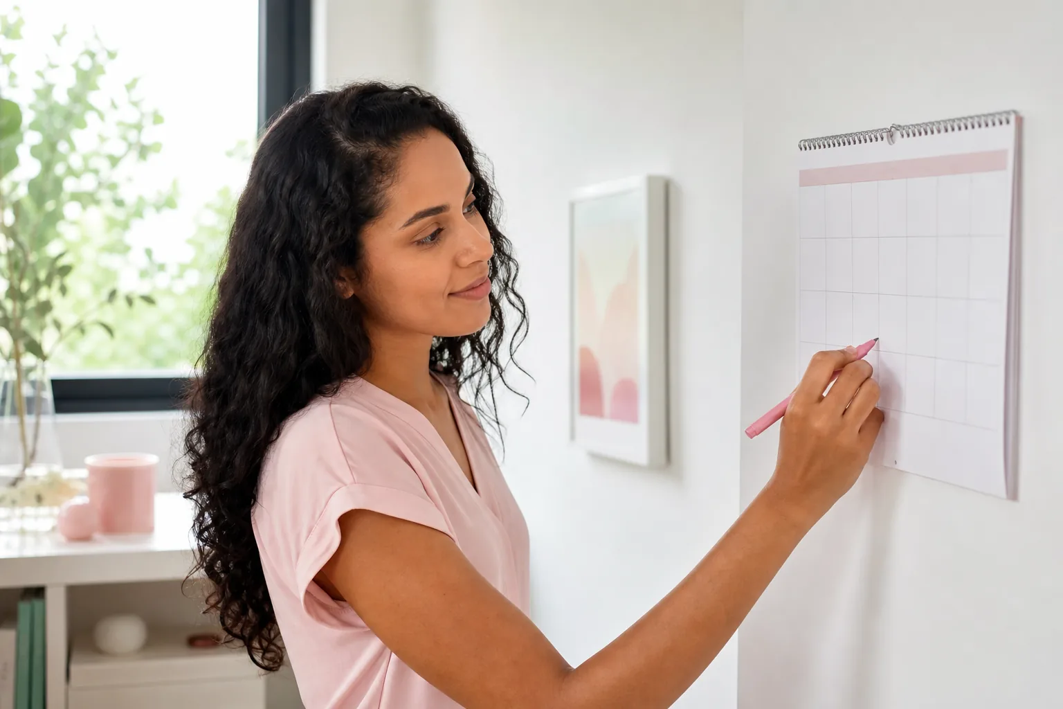 Mulher consultando calendário menstrual para estimar o período fértil