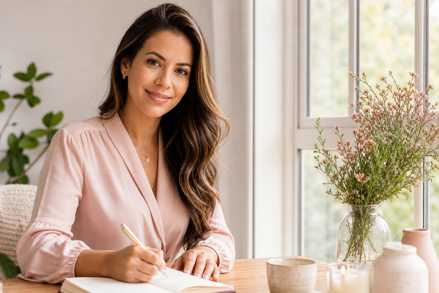 Entre em contato conosco Mulher brasileira escrevendo em um caderno perto da janela